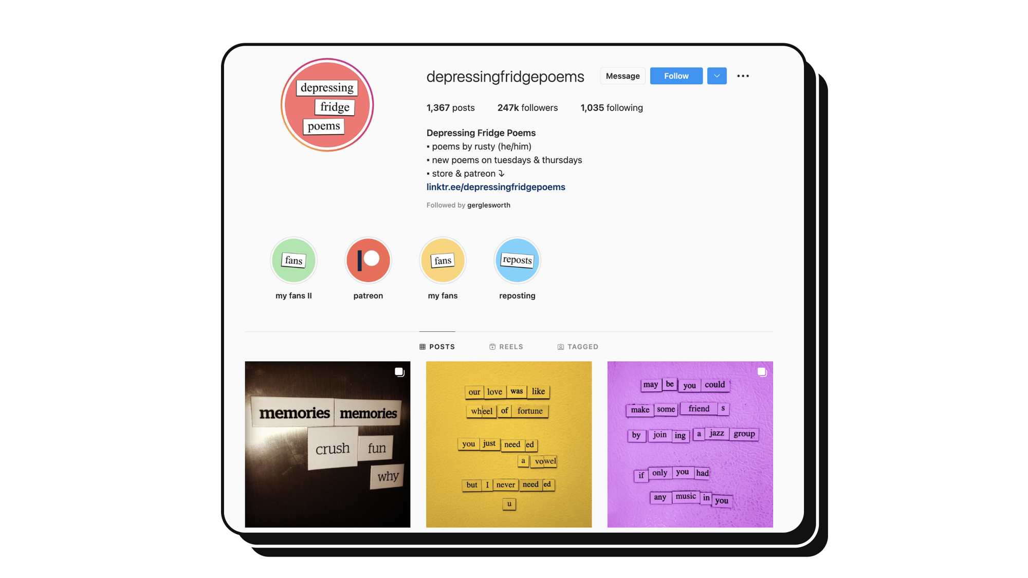 Screen of DepressingFridgePoems on Instagram with over 247k followers.