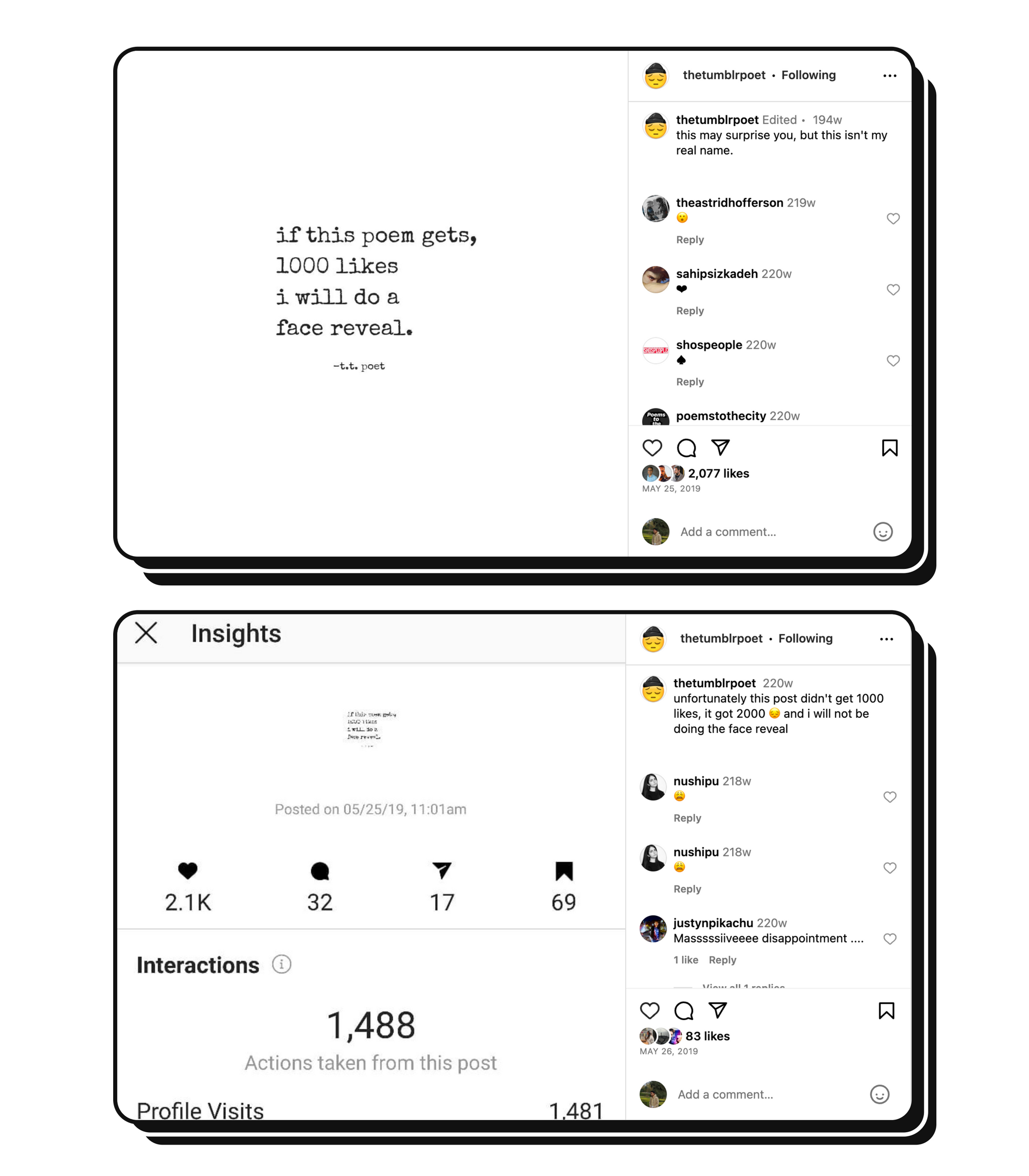 Screenshot of Instagram posts showing first: if this poem gets 100 likes, I'll do a face reveal. second: the analytics showing 2.1k likes