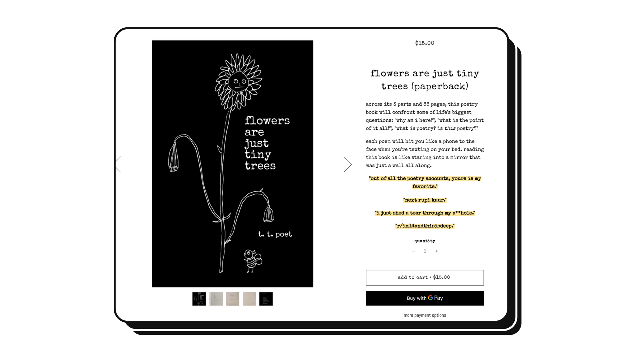 Screenshot of The Tumblr Poet's Shopify store selling the book